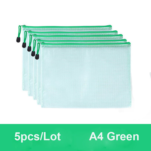5Pcs Transparent A4 Size Mesh Zipper Plastic Folder ,Desk Paper Pencil Document Organizer Storage Bag Waterproof Stationery: 5pcs-green
