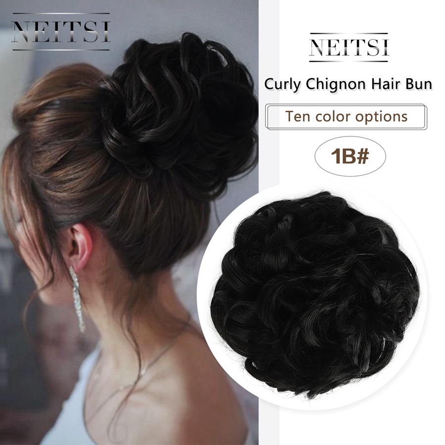 Neitsi Synthetic Bun Extensions Curly Messy Bun Hair Scrunchies Chignons Wedding Hair Piece For Women and Kids: #1B