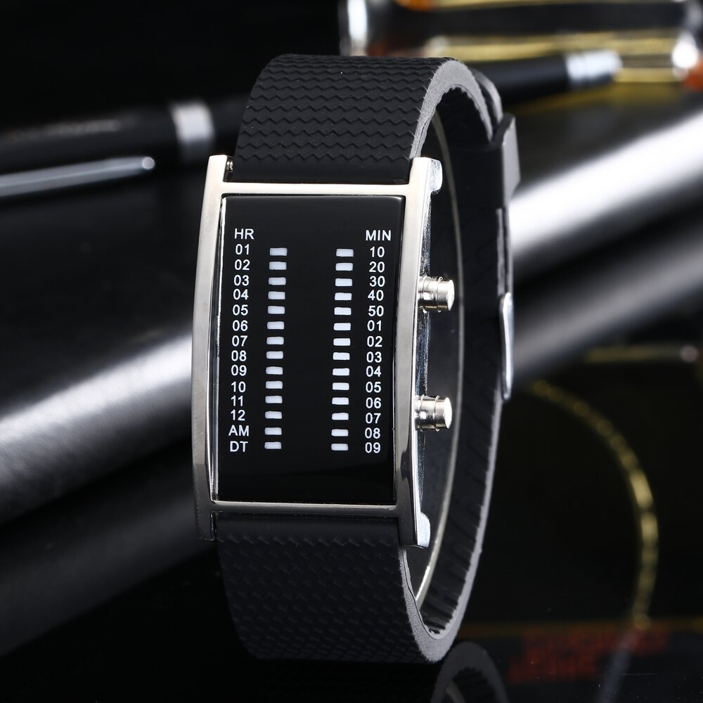 Luxe Lovers Horloge Waterdicht Mannen Vrouwen Rubber Strap Blue Binary Lichtgevende Led Elektronische Display Sport Horloges Mode: Silver case