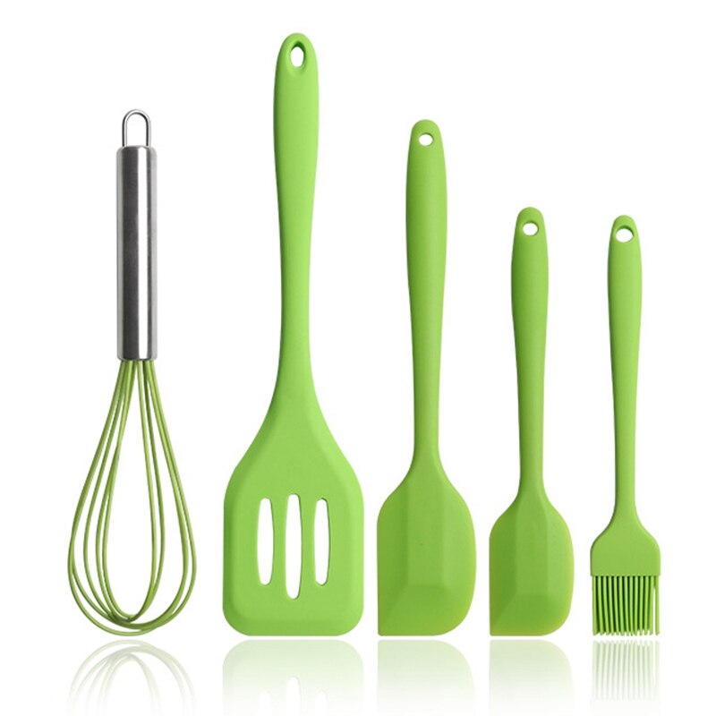 5 PCS Silicone Cooking Utensils Set Non-Stick Spatula Shovel Wooden Handle Cooking Tools Set Kitchen Tools: Green
