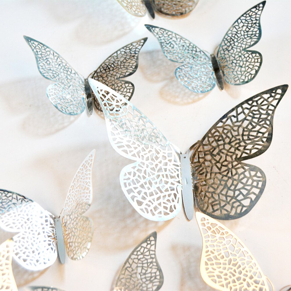 12 pièces 3D creux papillon autocollant mural or argent peinture papier collant papillon autocollants maison Stickers muraux décoration directe