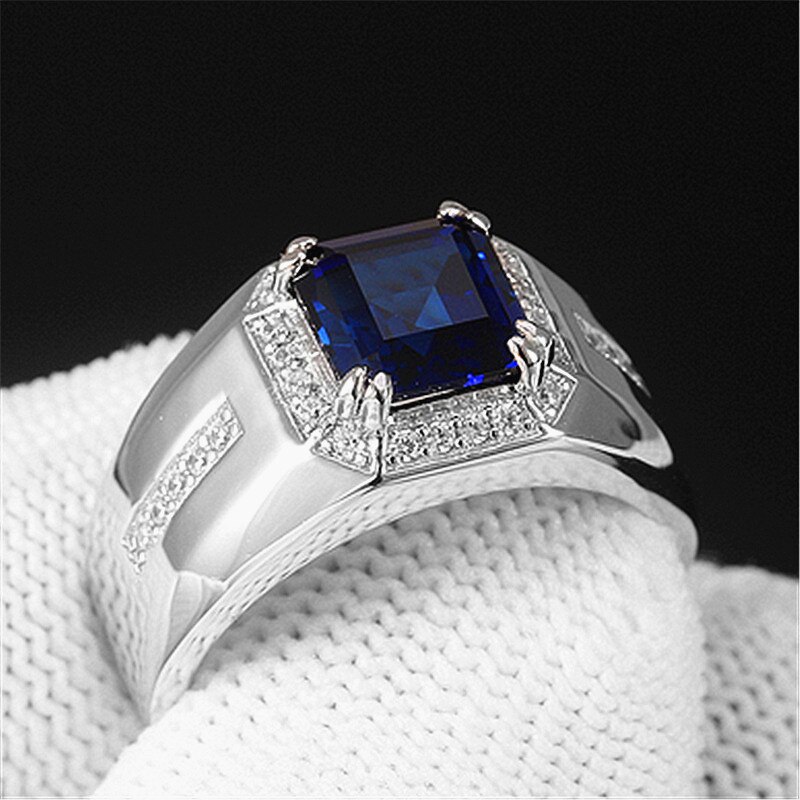 Classico quadrato di cristallo blu zaffiro pietre preziose anelli di diamanti per gli uomini oro bianco argento colore bague gioielli accessori regali