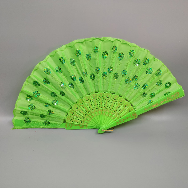 Art Folding Tail Feather Plastic Bone Sequins Carved Hand Fan Summer Accessory Crafts Print Home Decor Embroidery: Green