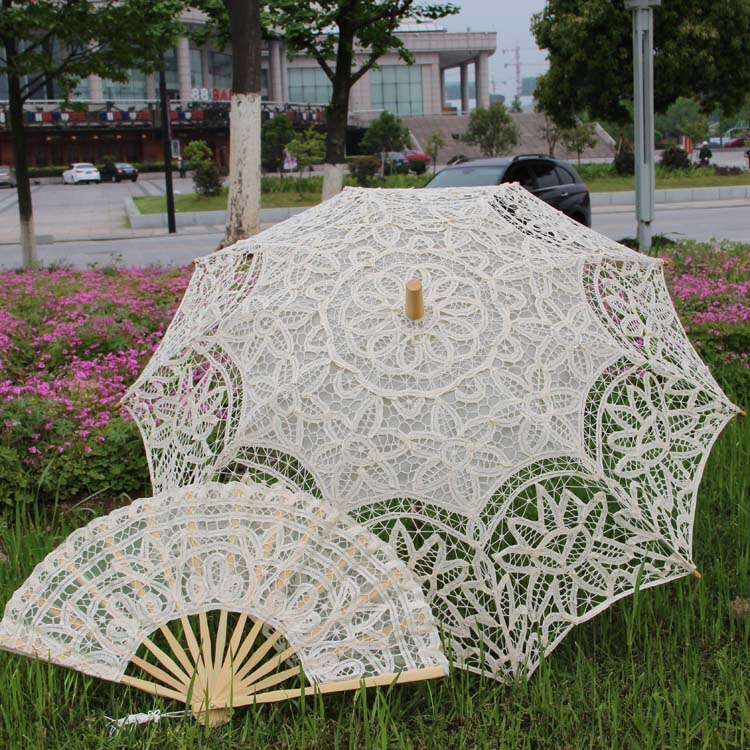 Handgemachte Braut Battenburg Spitze Sonnenschirm und Fan einstellen Hochzeit Braut Regenschirm: A0138 Beige
