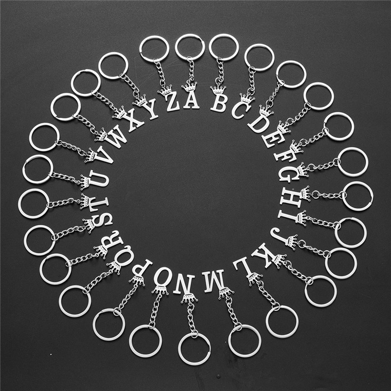 Llaveros con colgante de letras de A-Z de acero inoxidable con corona DIY única para hombres y mujeres, llavero de 26 alfabeto para coche, llaveros de joyería con nombre,