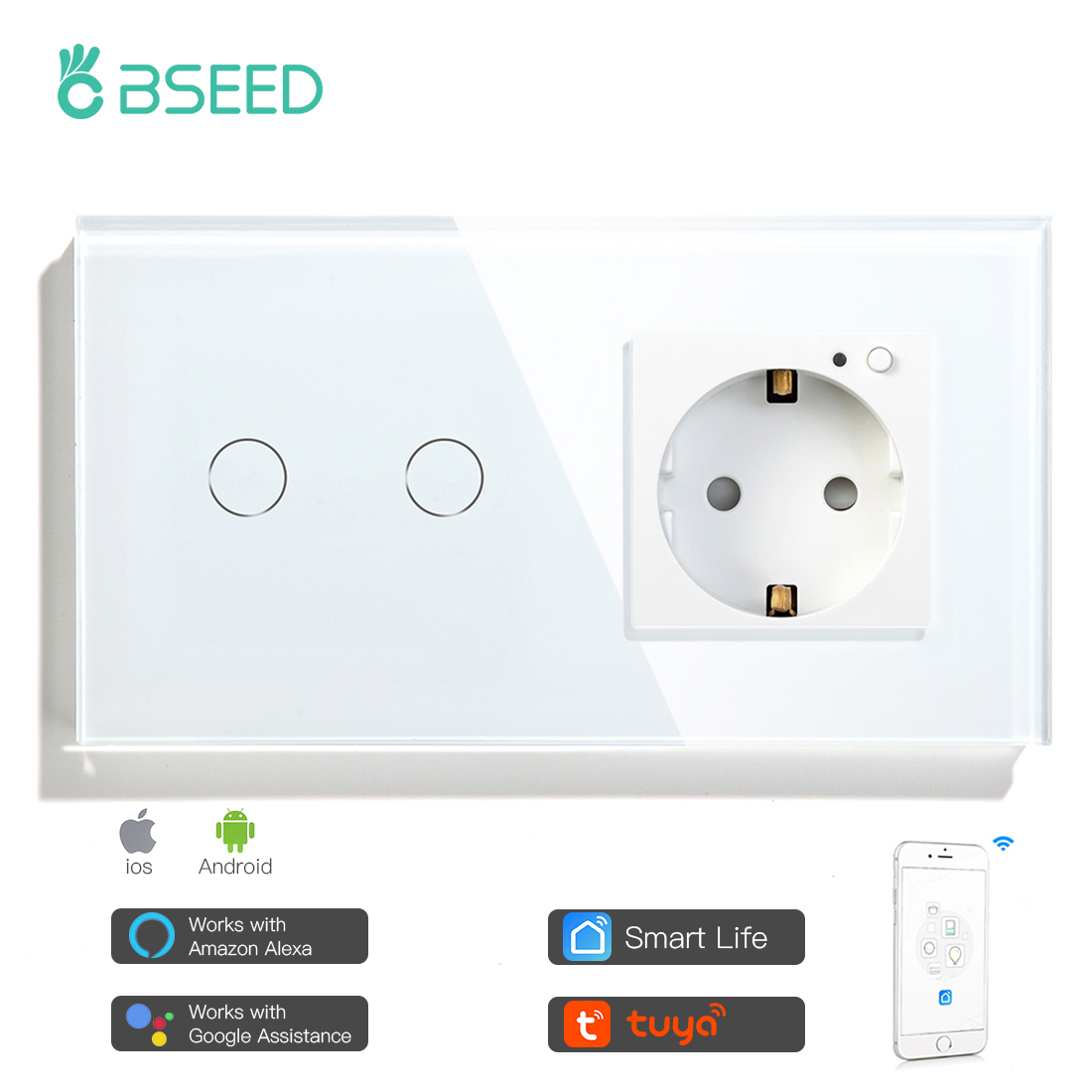 Bseed smart wifi touch switch 2 gang 1 vej med eu stik 3 farver krystal glas panel arbejde med smart life tuya app: Hvid