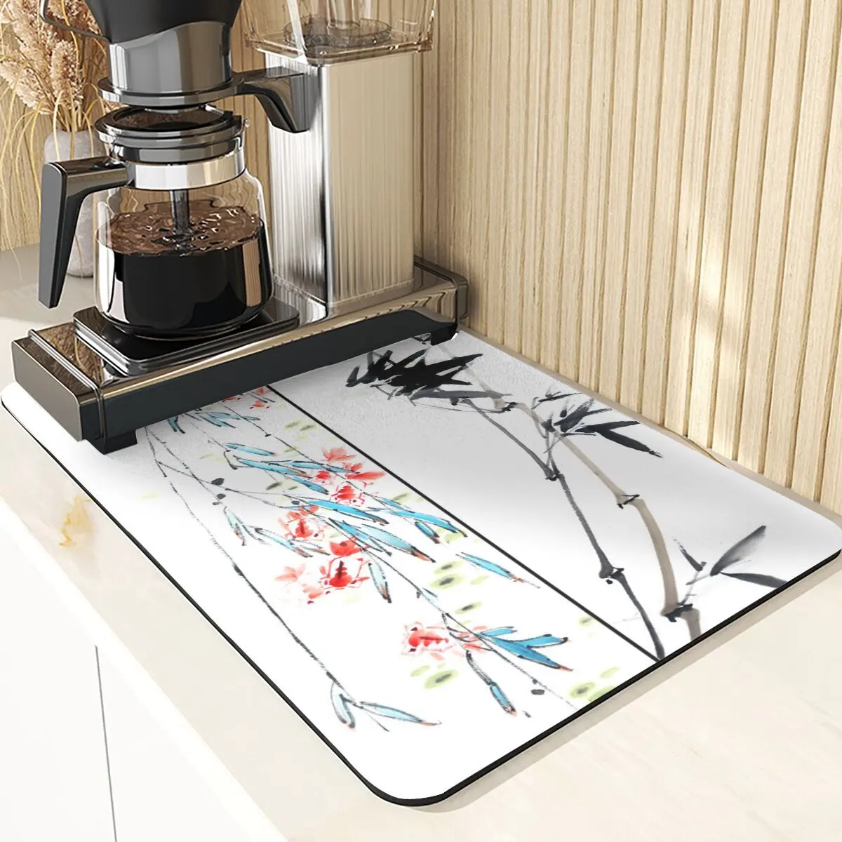 Chinese Stijl Absorberende Droogmat Voor Keuken Placemats Voor Tafel Gootsteen Diatomeeënaarde Mat Plant Patroon Siliconen Afwasmatten: M / Oranje