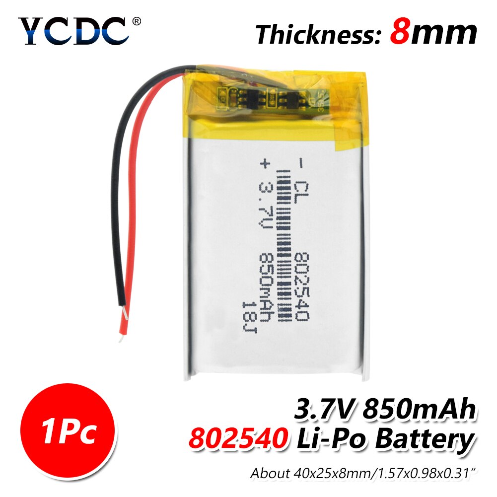 1/2/4 sztuk 802540 850mAh bateria litowa 3.7V akumulator 40x25x8mm litowo-polimerowy baterii li-po z Pcb zabezpieczenie przed ładowaniem: 1 kawałek