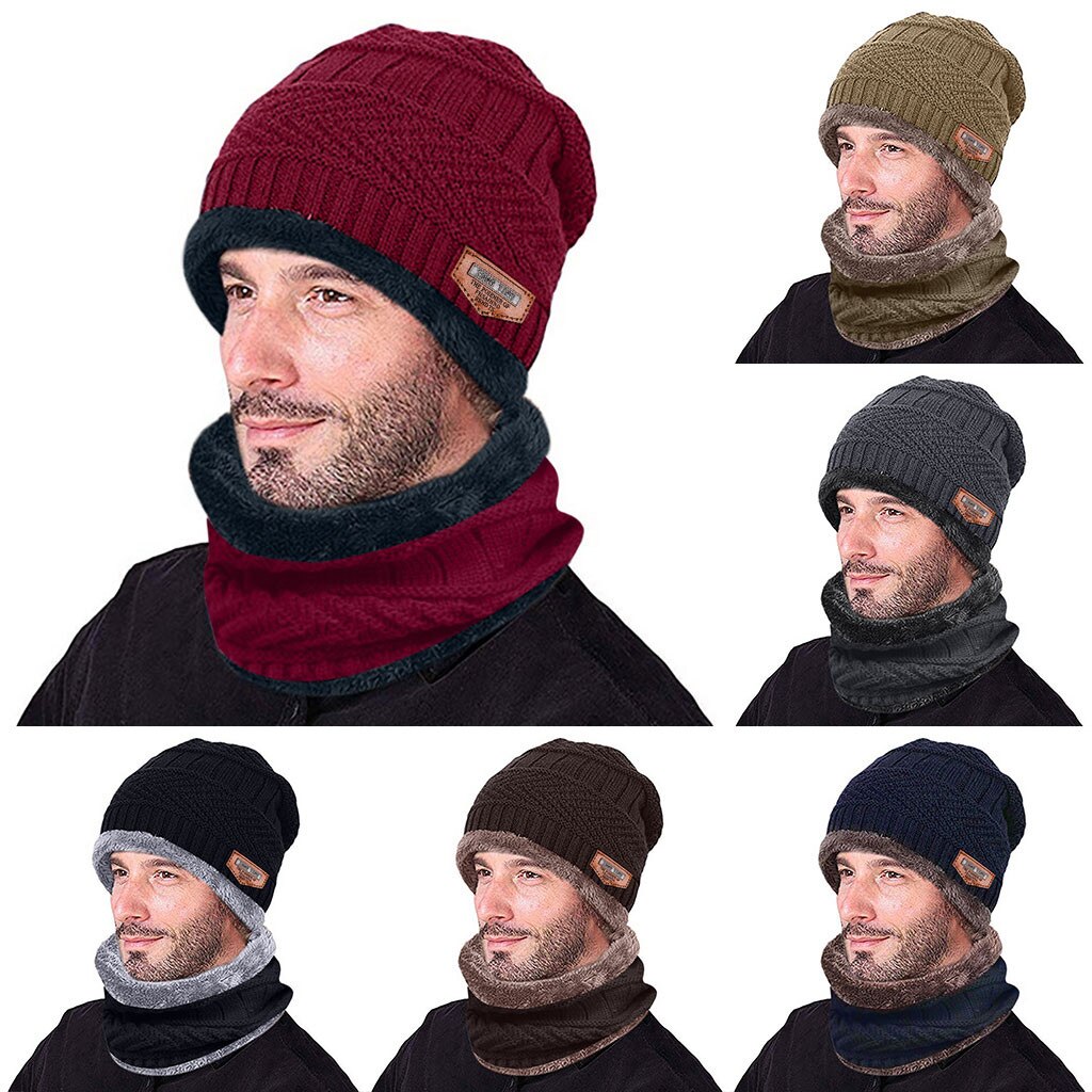 2pc Plus velours solide chapeau et écharpe deux pièces tricoté coupe-vent casquette hommes bonnet hiver épaissir chapeaux accessoires femme