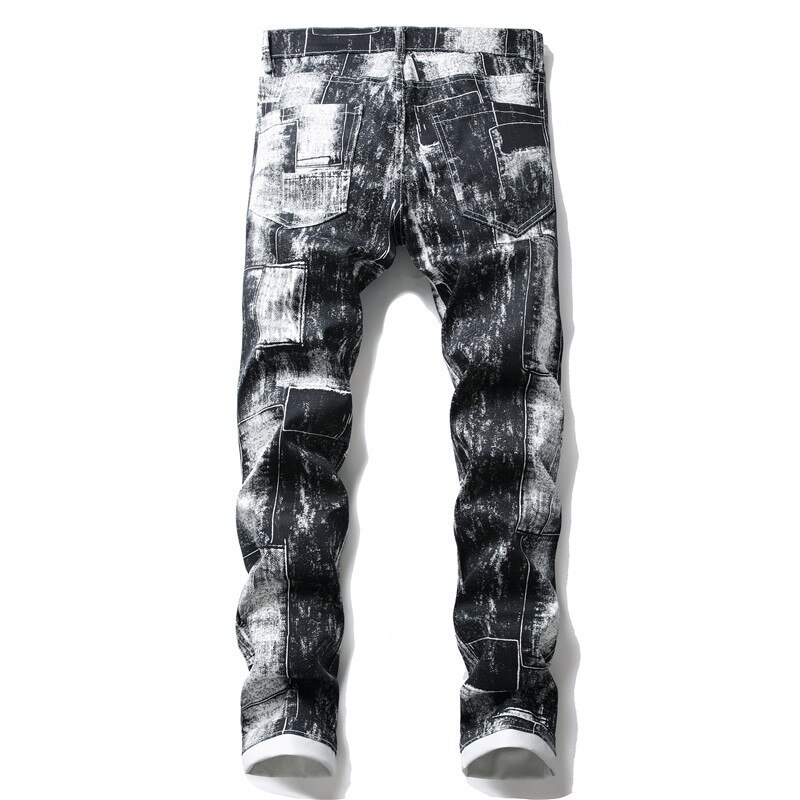 Mænds slim fit sort trykte hvide jeans røggrå stretchbukser
