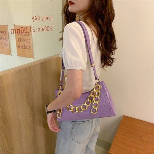 Bag Female Spring and Summer Crocodile Baguette Shape Bag France Small Shoulder Bag Underarm Handbag: purple