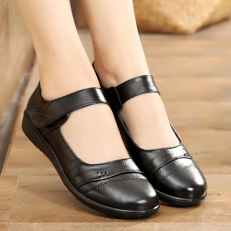 Zzpohe herfst handgemaakte leren platte schoenen dames casual schoenen dames flats oma antislip zachte zool wandelschoenen: Zwart / 5