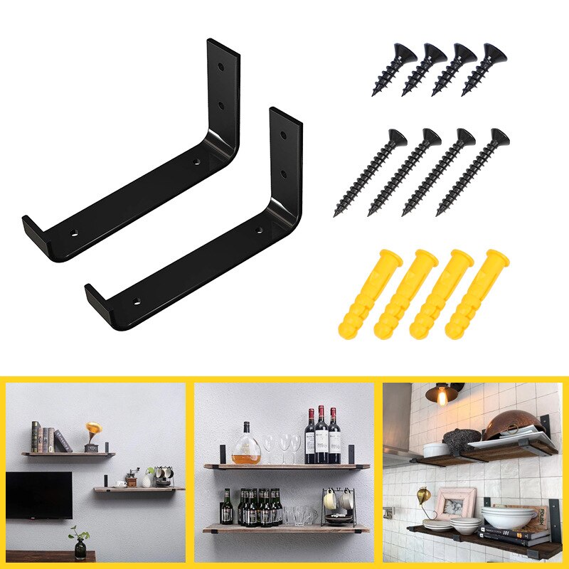 2Pcs/Lot Black Metal Angle Wall Shelf Brackets Home Wall Mounted L Shaped Angle Shelf Brackets Heavy Duty Support Rack
