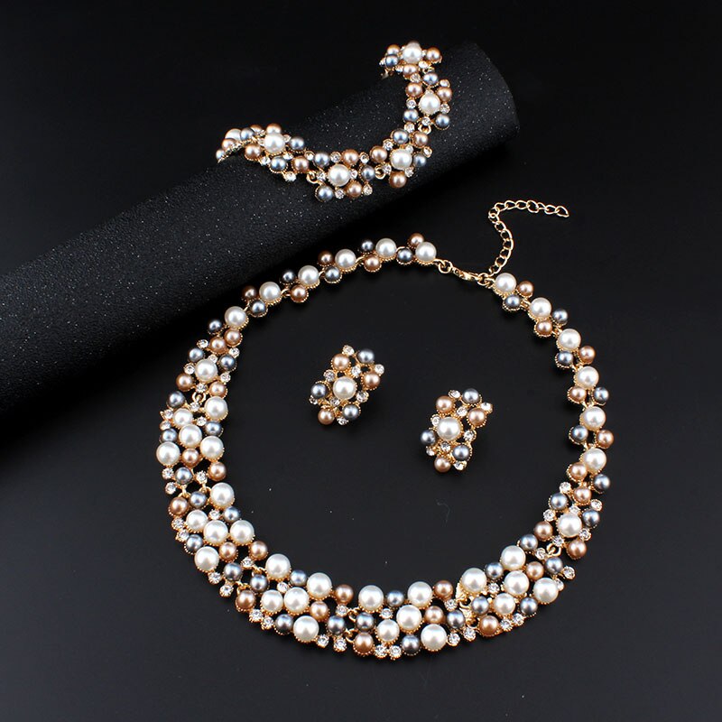 jiayijiaduo Wedding dress jewelry set Imitation pearl Necklace earrings Bracelet set For women Gold color party Christmas