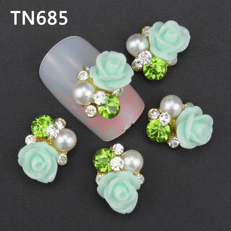 10 pc Blue Lichtmetalen Glitter 3d Nail Art Rose Decoraties met Strass, Lichtmetalen Nagel Charmes, sieraden op Nagels Salon Levert TN685