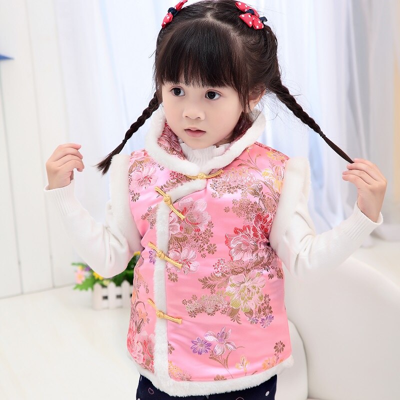 Baby Meisjes Gewatteerde Jassen Festival Vest Meisje Donsjack Chi-Pao Chinese Kinderen Qipao Bovenkleding Dikke Outfits Vest: Black / 8