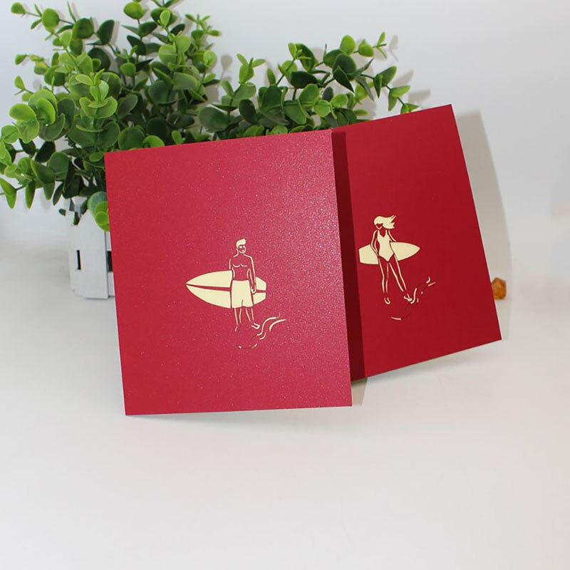 Creux rouge couverture carte de voeux gravure papier-découpé garçon fille Surf pliable carte anniversaire carte fête Invitation carte