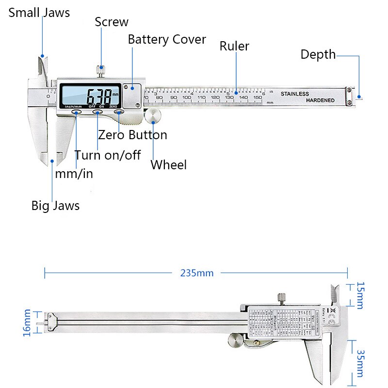 Stainless Steel Digital Display Caliper 150mm Accuracy 0.01 mm Fraction/MM/in High Precision Stainless Steel LCD Vernier Caliper