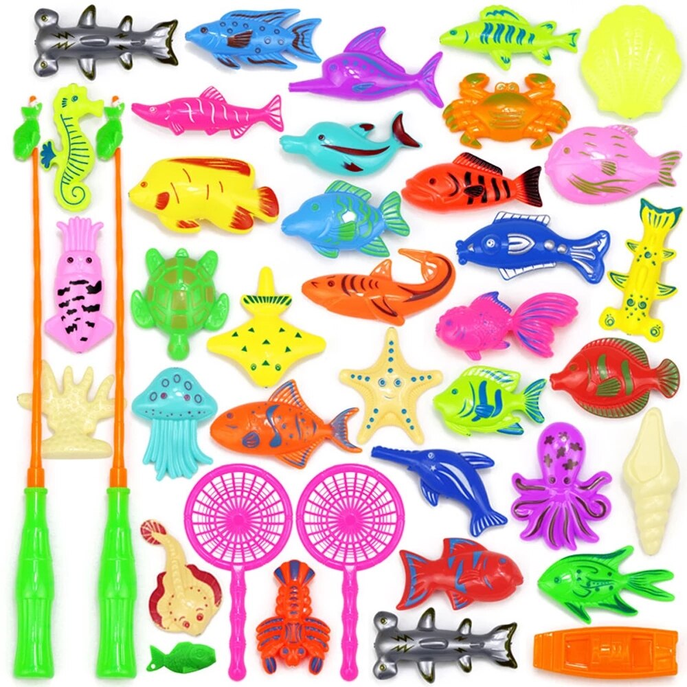 Juego de pesca con imanes para niños, juguetes de agua con imán de piscina inflable, caña de pescar, 15-68 piezas