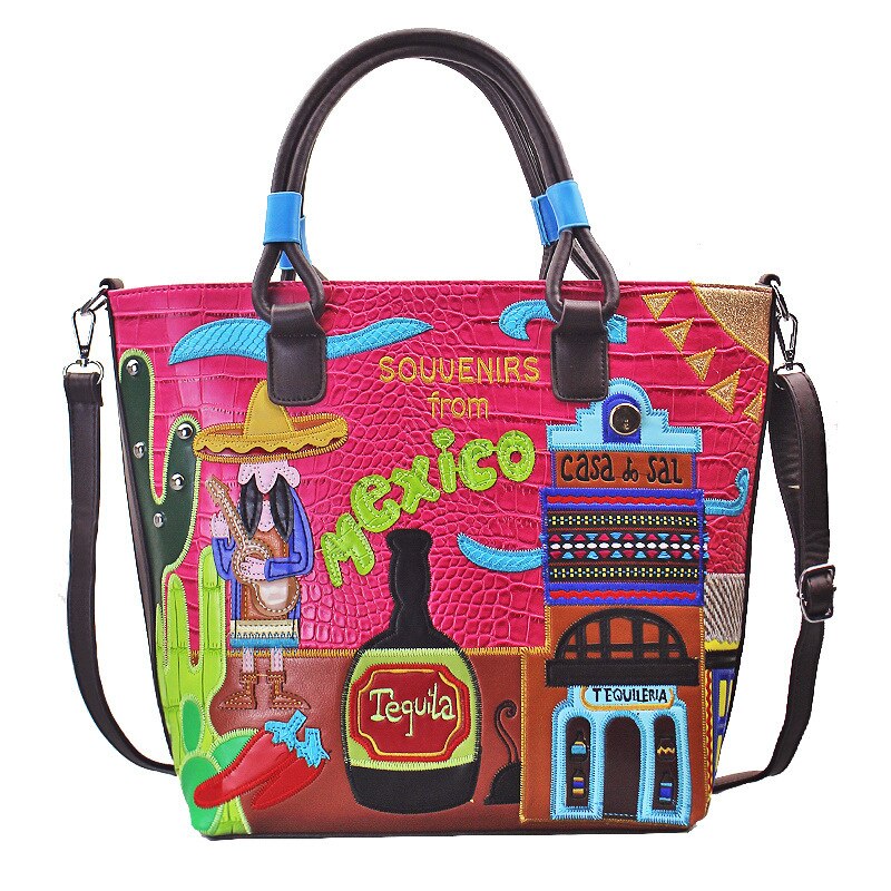 Retro Crocodile Pattern Portable Diagonal Package Mexican Embroidery Ladies Handbag Embroidered Bucket Bag