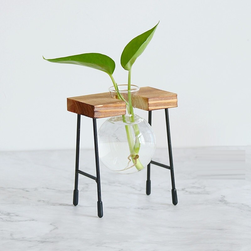 Florero de vidrio para plantas hidropónicas, marco de madera para cafetería, jarrón de decoración, terrario, bonsái para el hogar, estación de decoración