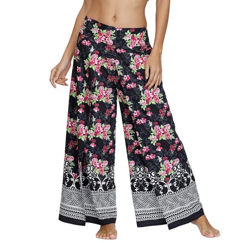 Womens Palazzo Slit Wide Leg Pants Summer Casual Beach Boho Print Pants Plus Size High Waist Gym Yoga Pants Sweatpants: 6 / L-XL