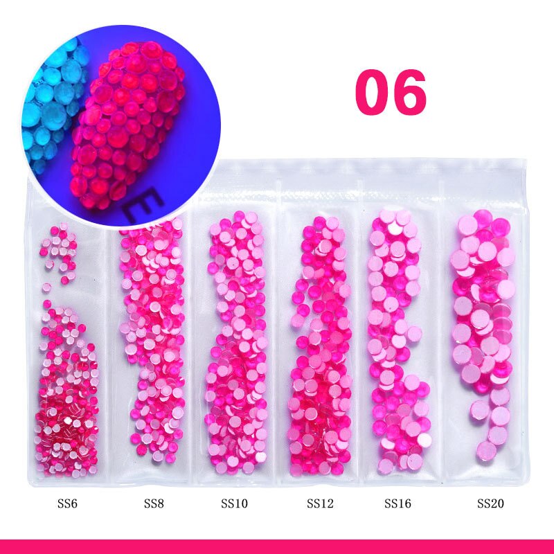 Diamantes de imitación fluorescentes para decoración de uñas, gemas de neón de tamaño mixto, arte de uñas, diamantes 3D, decoraciones DIY, 6 rejillas