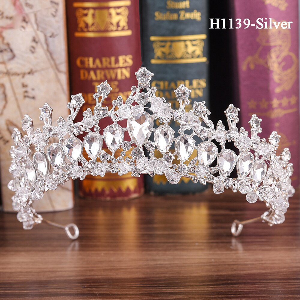 Traugel-couronne de mariée en or, diadème de luxe, couronne de mariage, accessoires de bijouterie pour femmes: H1139-Silver