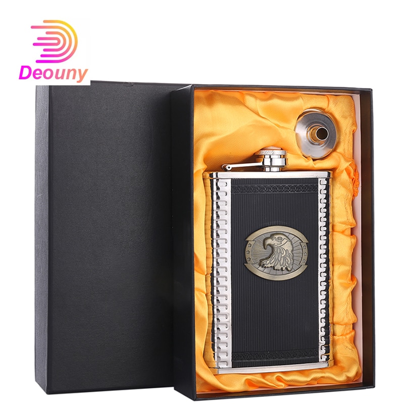DEOUNY Portable Flask For Alcohol Stainless Steel Retro 9OZ Eagle Head Vodka Rum Hip Flask Set With Funnel Box Drinkware