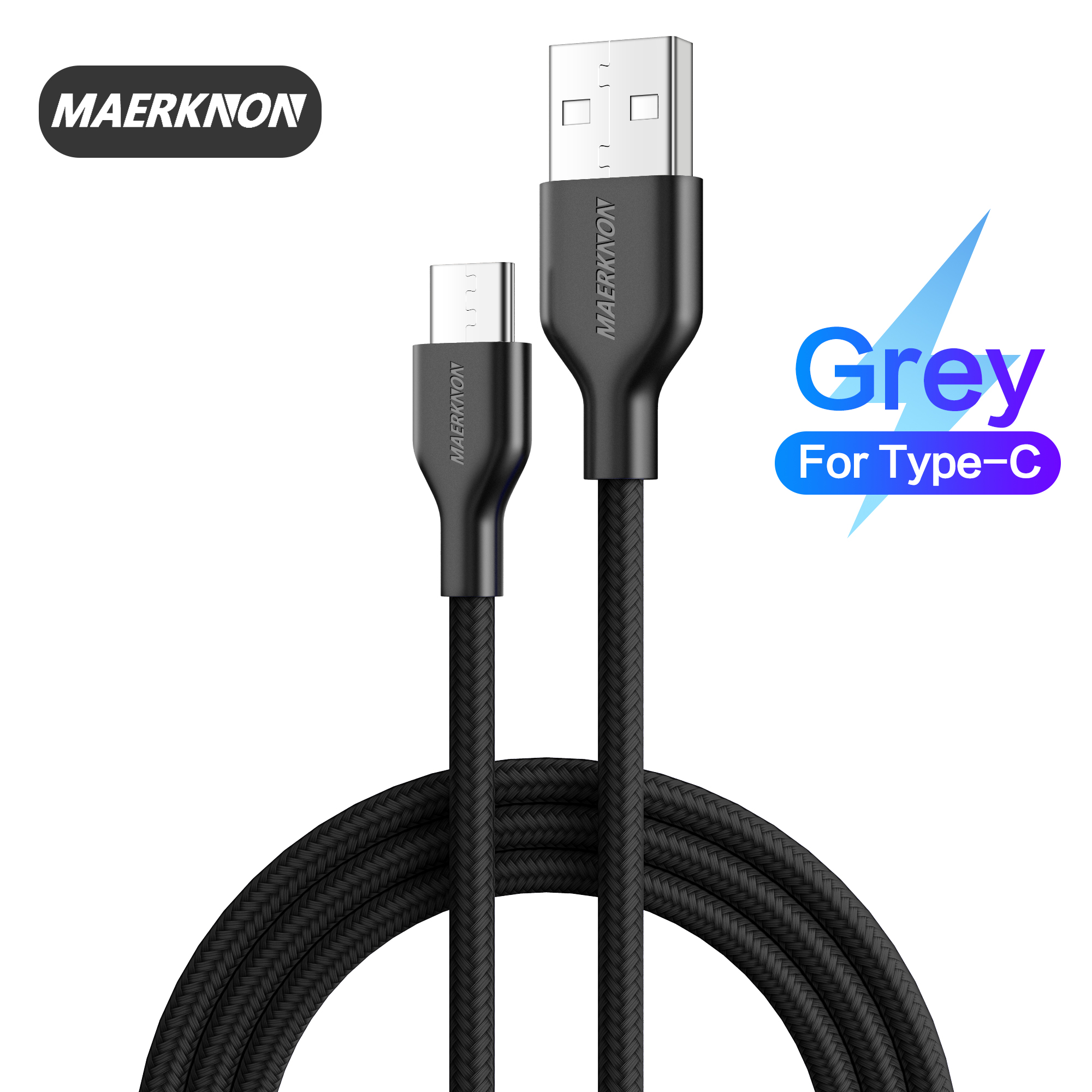 Maerknon – câble USB Type C QC 3.0 3A, charge rapide, transfert de données, compatible avec Xiaomi, Samsung, Oneplus, Huawei: Black / 2m