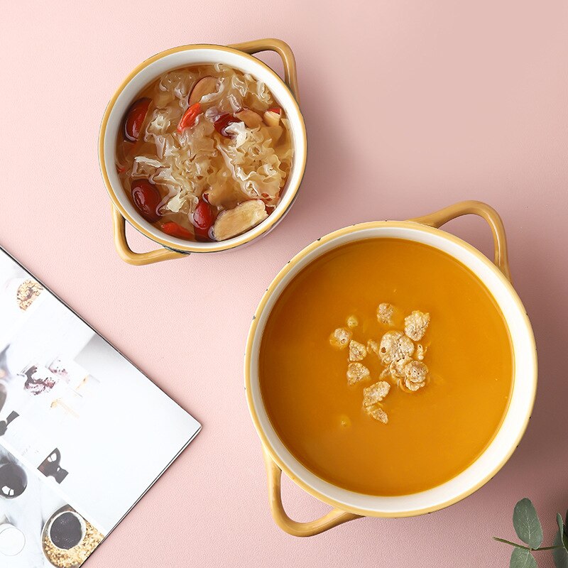 Ceramic Color glazed Double Ear Bowl with Lid Stew Breskfast Steamed Egg Pudding Bowl Baking bowl Kitchen Supply