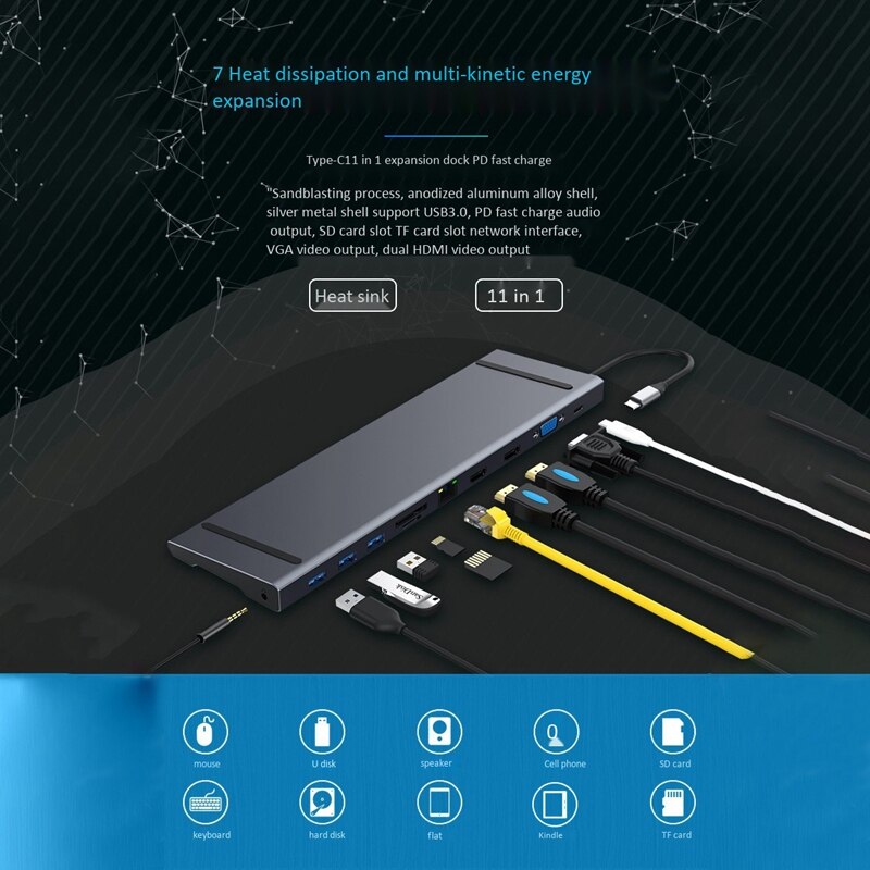 Dual Hdmi Docking Station Type-C 11-1 Hub Computer Converter Suitable for Computer Keyboard Mouse Memory Tablet U Key