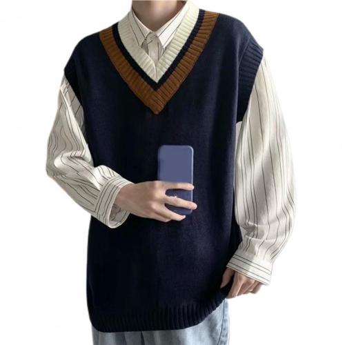 Chaleco de punto de estilo pijo, suéter de gran tamaño con cuello en V para la escuela, fabuloso, Primavera: Azul marino / 2XL