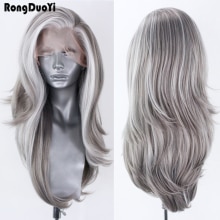 RONGDUOYI Synthetic Lace Front Wig Highlight White Lace Wigs for Women Natural Wave Wig Grey Cosplay Wigs High Temperature Fiber