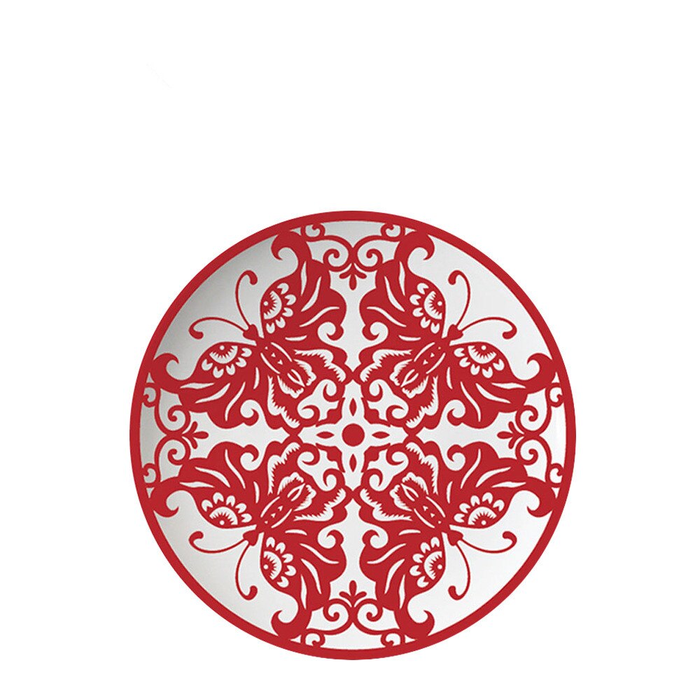 Chinese style red paper-cut pattern bone china tableware round plate set wedding festive dinner plate: 20.5cm