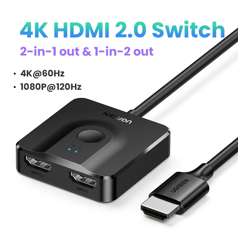 UGREEN HDMI Switch 4K60Hz with 3.3FT HDMI Cable, Bidirectional HDMI-compatible Splitter 2 in 1 Out HDMI Switcher Box 2 in 1 Out: Default Title