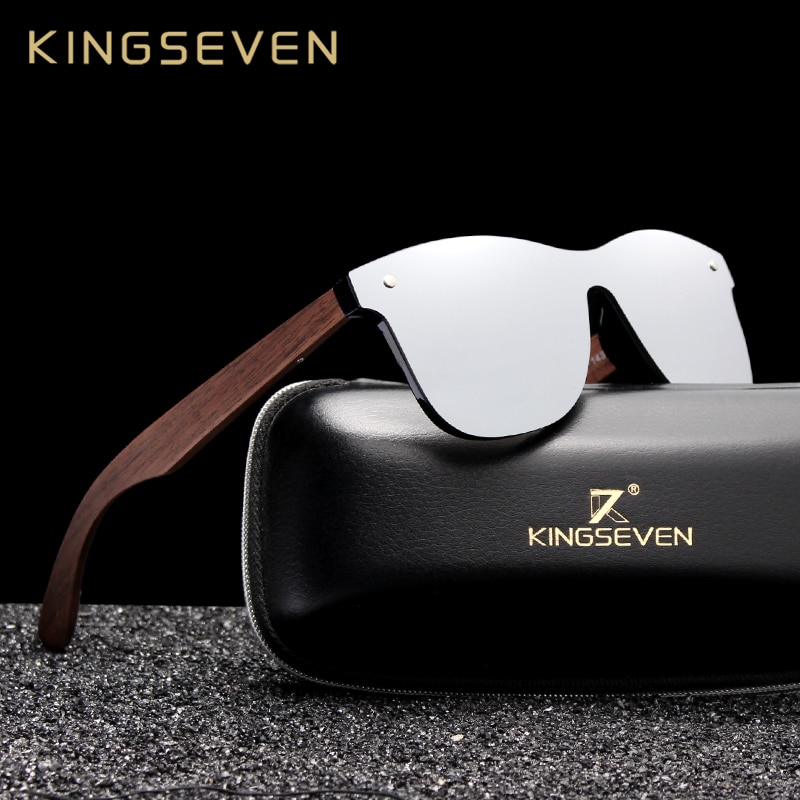 KINGSEVEN Luxury Walnut Wood Sunglasses Polarized Wooden Brand Rimless Mirrored Square Sun Glasses For Women/Men