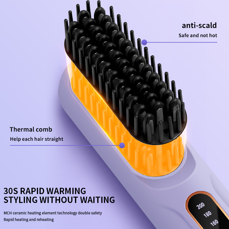 Peine de pelo liso con calefacción eléctrica, pantalla LCD, USB, inalámbrico, portátil, herramienta de peinado de iones negativos, cepillo alisador recargable