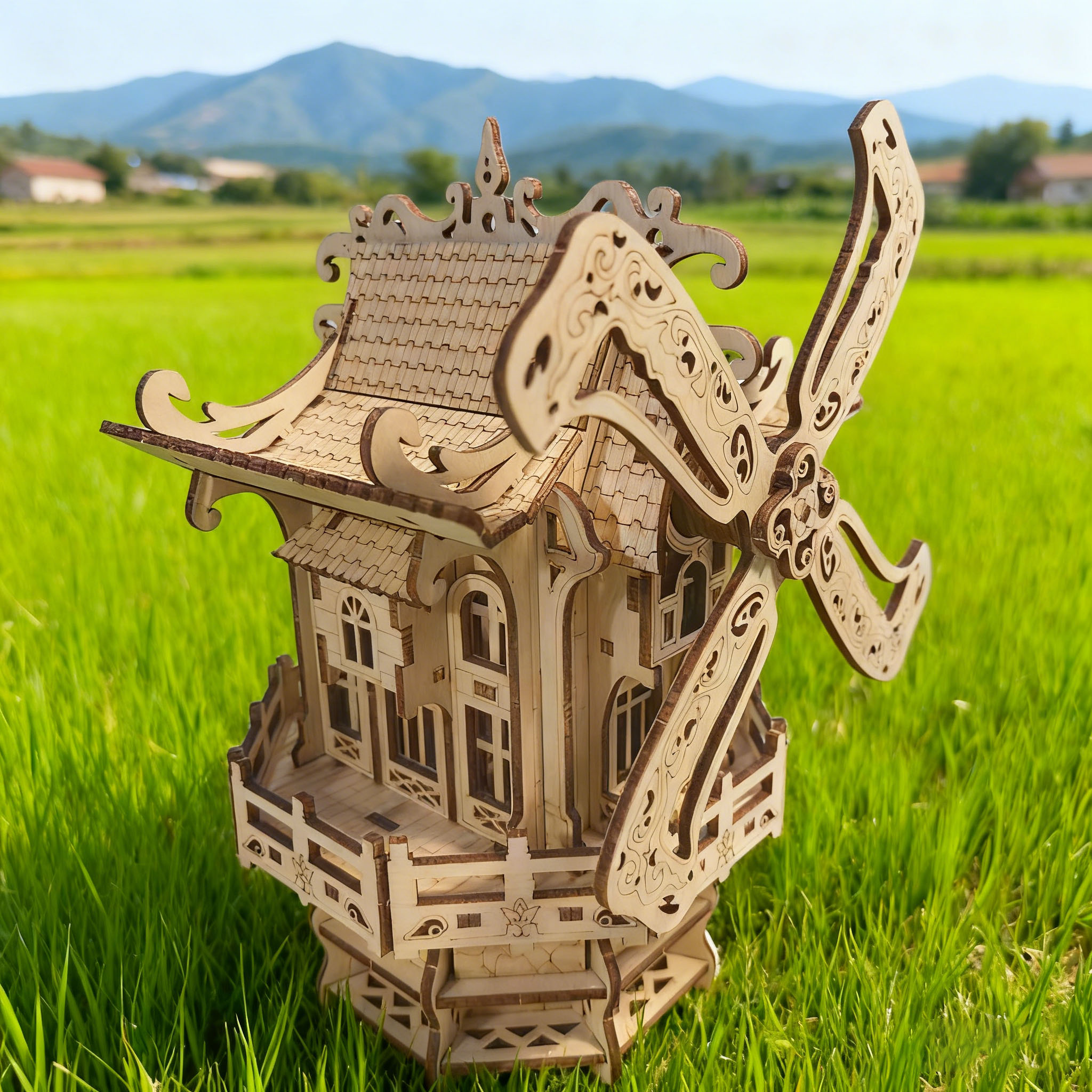 Puzzle 3D Casa in legno fai-da-te Kit modello mulino a vento Set di assemblaggio divertente Blocchi di costruzione in legno Il regalo perfetto Regalo ideale per le vacanze