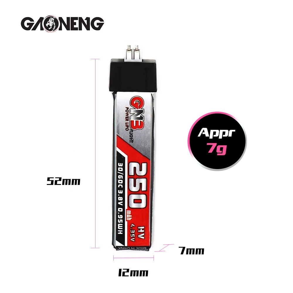 Gaoneng GNB HV 250mAh 1S 30C 60C 3.7V 4.35V HV with PH2.0 Plug Connector Indoor Hollow Cup Airplane Lipo Battery