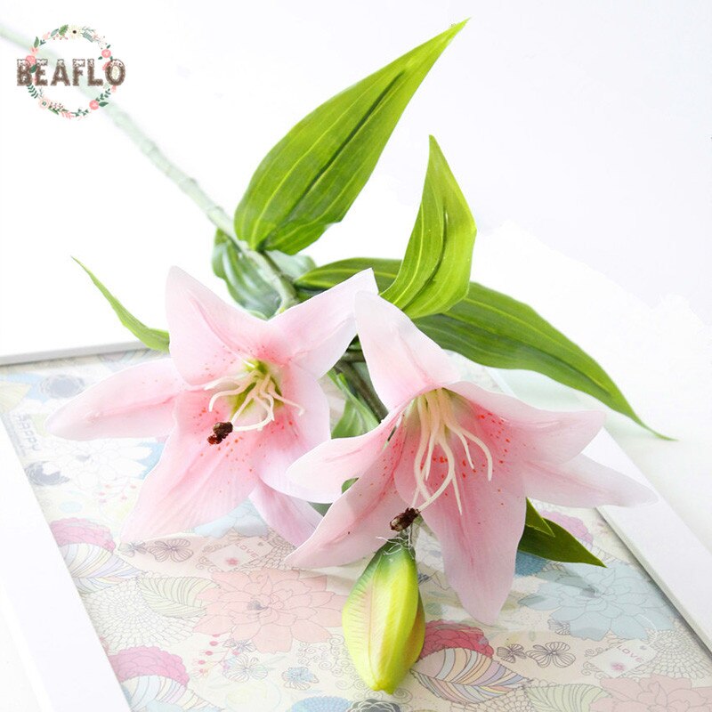 1pc silikon kunstig blomst 3 hoder lilje knopp med lang stang bukett for bryllup hjem fest hotell dekorative