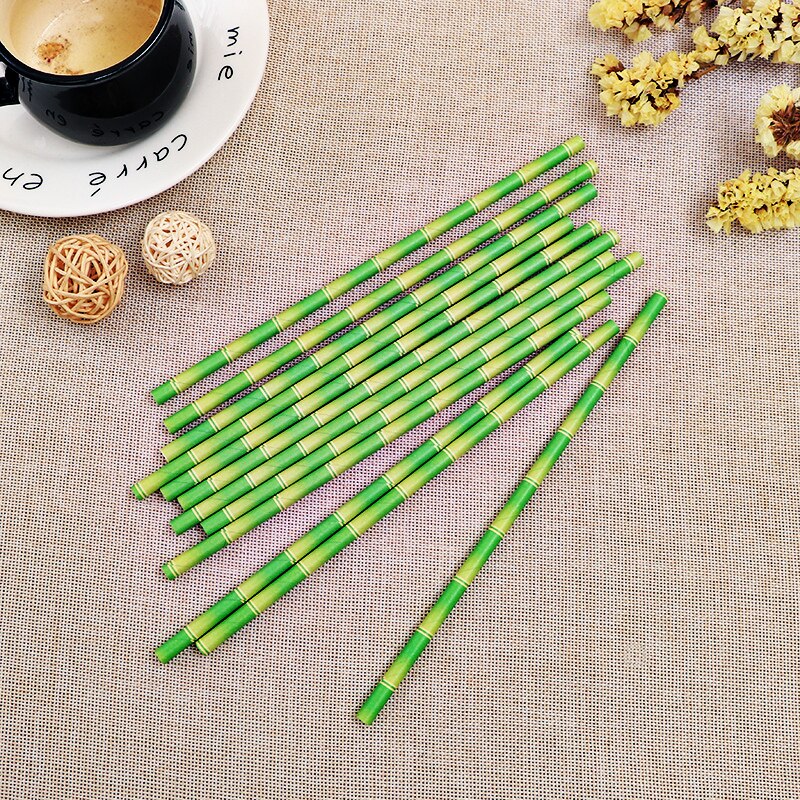 Deouny 25 stuks/partij groene bamboe papieren rietjes bruiloft decoratief evenement tropische feestbenodigdheden drinkrietjes buizen bar accessoires