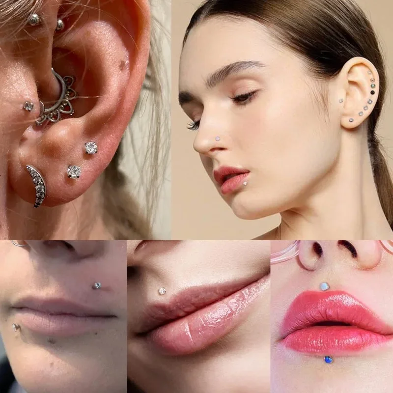 Piercing de nariz de zircônia cúbica, aço inoxidável, hélice, tragus, cartilagem, mulheres, orelha, labret, joia de piercing corporal