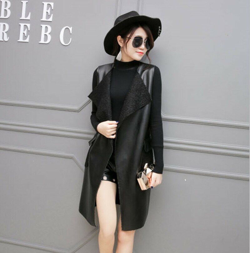 Chaleco largo negro para mujer, chaqueta sin mangas de PU sólido, prendas de vestir informales, primavera y otoño