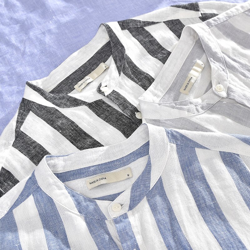 Menn vår sommer japan stil stativ krage trekvart ermet stripe skjorte herre 100%  lin casual skjorter