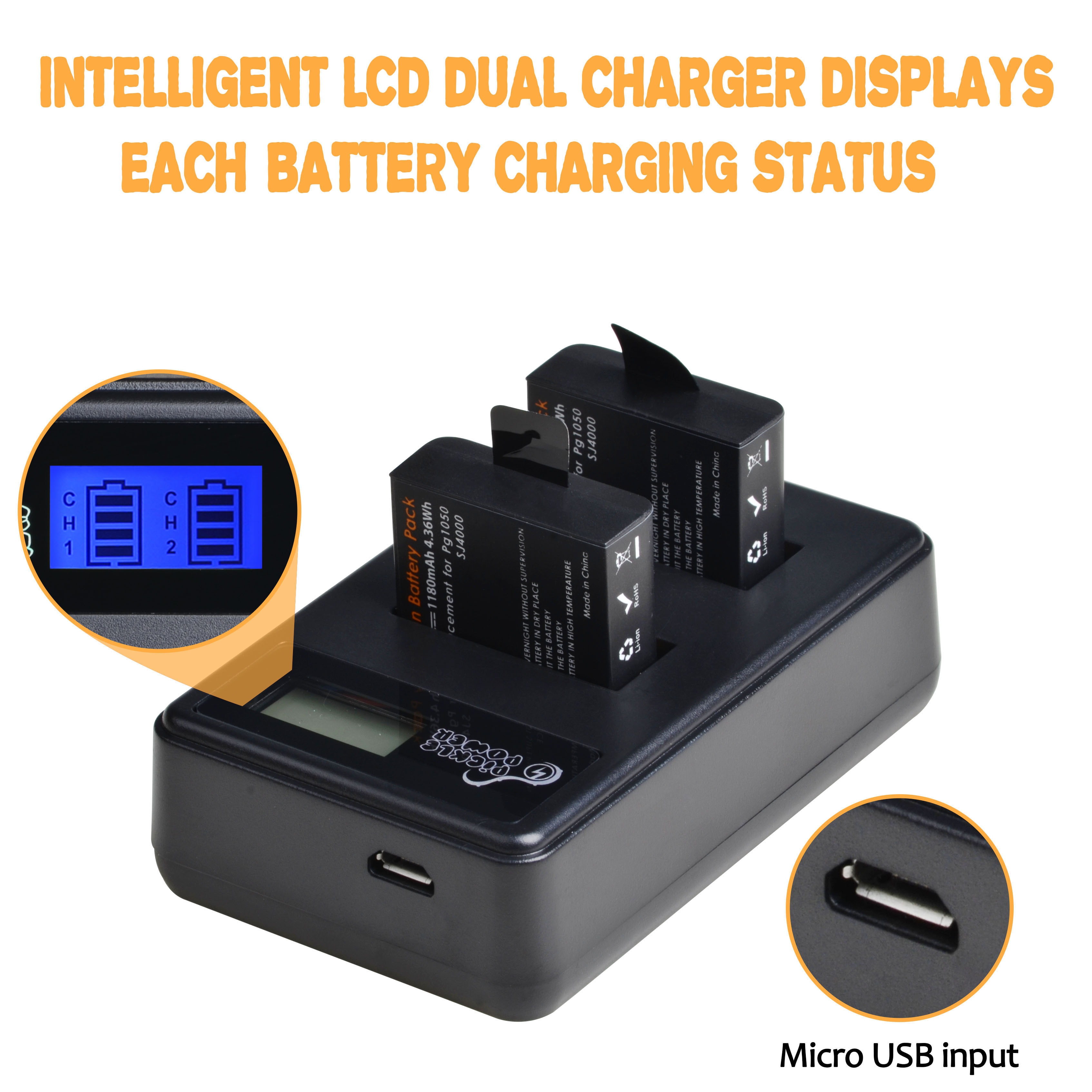 4 Uds 1180mAh PG1050 batería y cargador USB con LCD para SJCAM SJ4000 M10 SJ5000 SJ5000X para EKEN H9 H9R H8R H8 GIT PG900