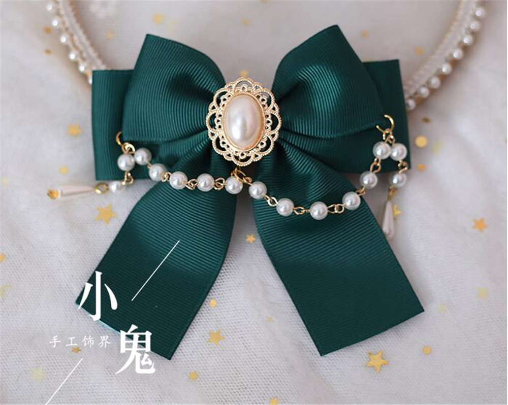 Lolita-épingle à cheveux en chaîne en perles pour femmes, accessoires pour cheveux, Cosplay, avec nœud papillon, Kawaii, accessoires pour cheveux, pince latérale B500: dark green