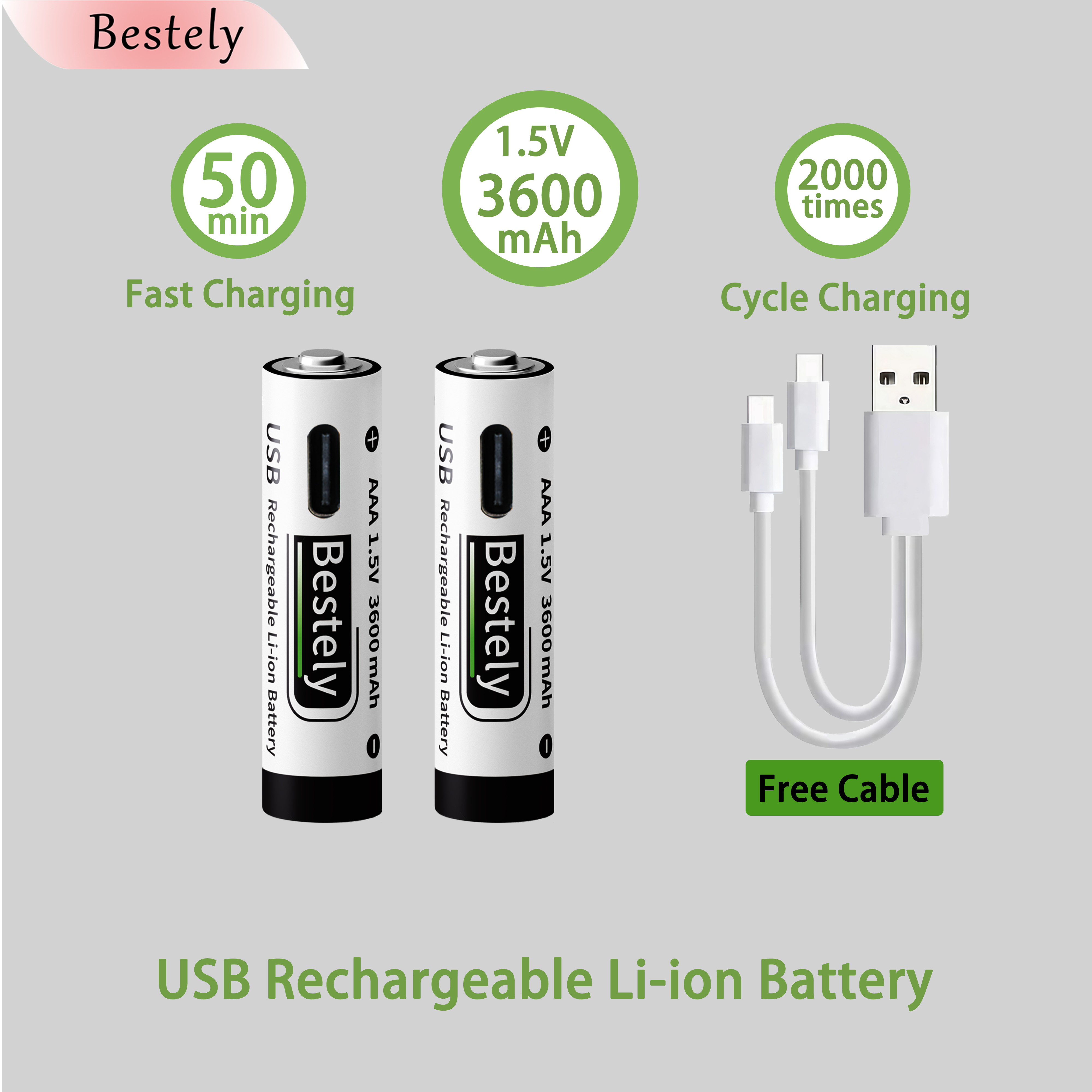 USB-C 1.5v AAA 3600mAh Rechargeable Lithium ion Battery,Rechargeable AAA Li-ion Type-C Battery,2000 times cycle with Cable
