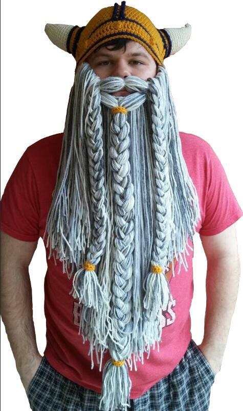 Menn vinter varm håndvev ullhatter skjegg halloween karneval fest morsomt hodeplagg skrekk viking horn cosplay kostyme strikket hatt: 3