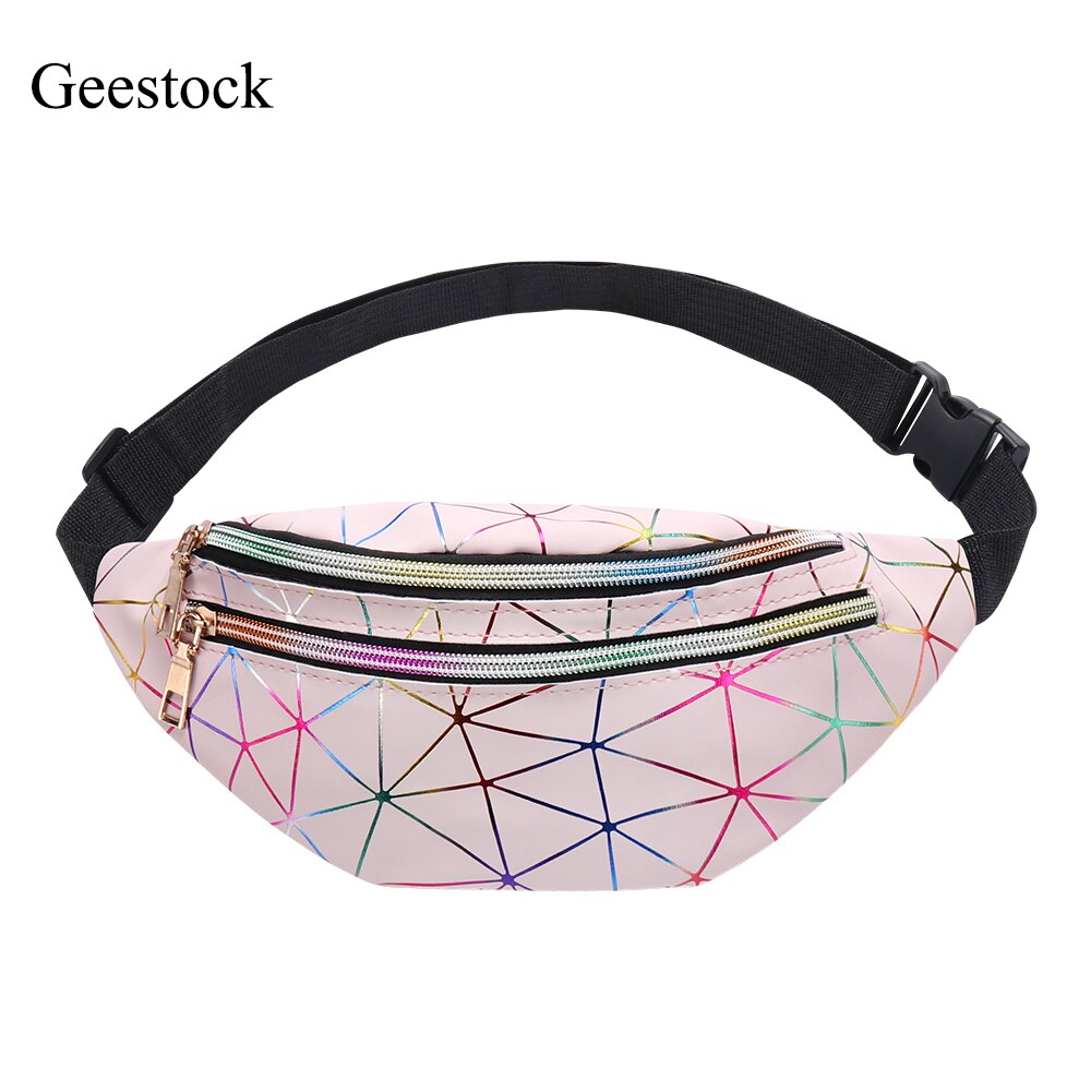 Geestock holografiske talje tasker til kvinder banan kvindelig fanny pack hoftebæltetaske geometriske talje pakker brystposer: Lyserød